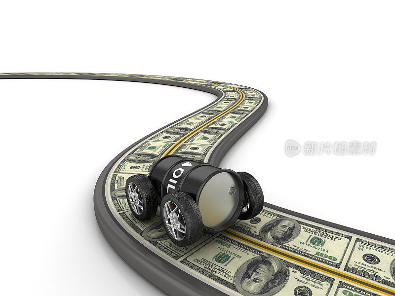 弯弯曲曲的3D道路与美元钞票和车轮上的油箱- 3D渲染